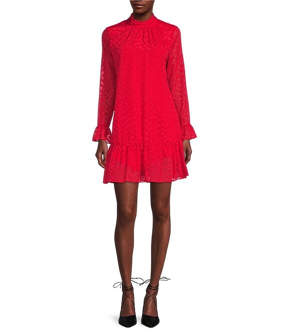 Calvin Klein Long Sleeve Mock Neck Ruffle Hem A-Line Dress | Dillard's