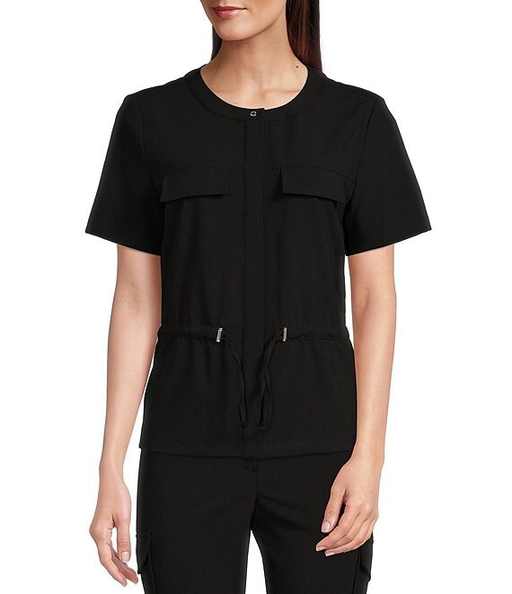 Color:Black - Image 1 - Lux Stretch Woven Jewel Band Neck Short Sleeve Hidden Button Front Drawstring Waist Jacket