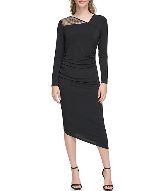 Calvin Klein Ruched Jersey | Hem Midi Side & Neck Dillard\'s Long Dress Asymmetrical Matte Sleeve