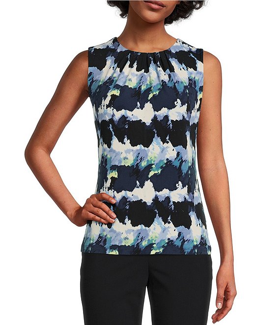 Calvin Klein Matte Jersey Printed Pleated Neck Sleeveless Top | Dillard's