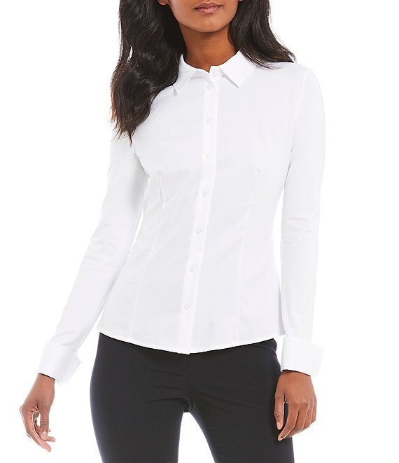Calvin Klein Point Long Mixed Dillard\'s | Button Collar Sleeve Knit Cuff Shirt Woven Fabric