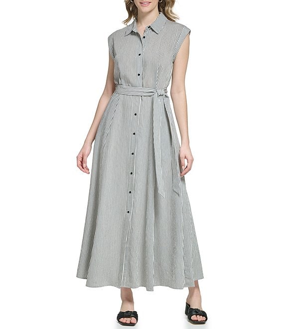 Calvin Klein Novelty Striped Print Point Collar Cap Sleeve Pocket Button  Front Maxi Shirt Dress | Dillard\'s