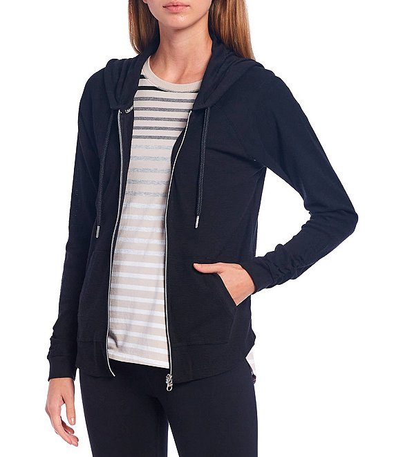 Color:Black - Image 1 - Performance Ruched Long Sleeve Zip Front Hoodie Jacket