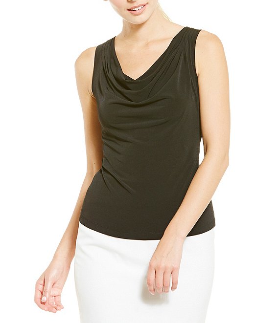 Color:Black - Image 1 - Petite Size Drape Neck Matte Jersey Shell