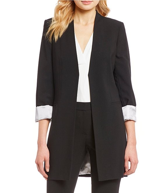 Color:Black - Image 1 - Petite Size Contrast Lining V-Neck Long Roll Sleeve Open Front Jacket