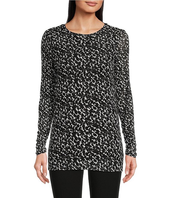 Calvin Klein Petite Size Crew Neck Mesh Long Sleeve Spotted Print Top ...