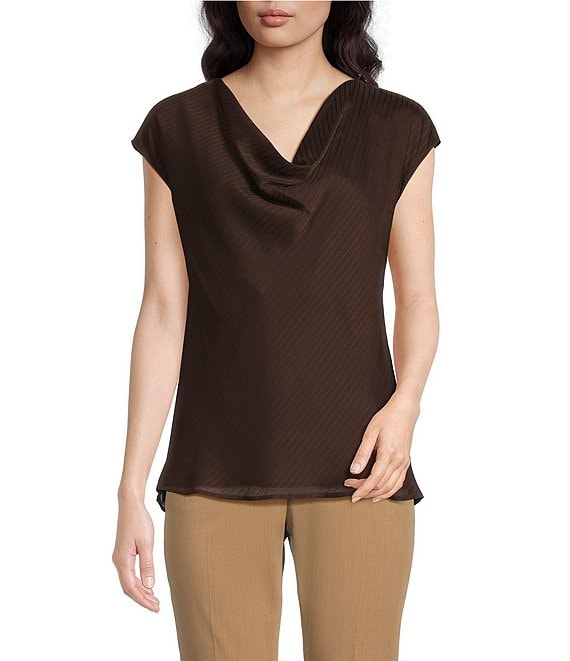 Color:Coffee Bean - Image 1 - Petite Size Novelty Woven Cowl Neck Cap Sleeve Texture Stripe Shirt