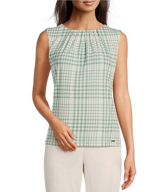 Calvin Klein Plus Plaid Print Matte Jersey Pleat Neck Sleeveless Top