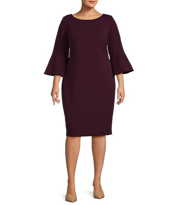 Color:Aubergine - Image 1 - Plus Size Round Neck 3/4 Bell Sleeve Sheath Dress