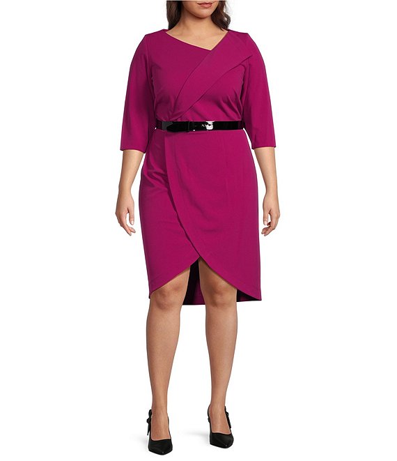 Calvin Klein Plus Size 3/4 Sleeve Asymmetrical Neck Belted Scuba Crepe  Dress