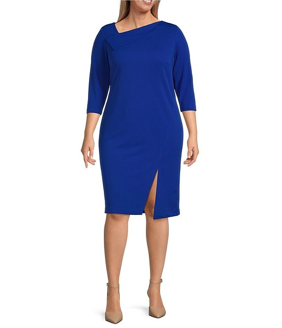 Calvin Klein Plus Size 3/4 Sleeve Asymmetrical Neck Front Slit Scuba Crepe  Sheath Dress | Dillard's