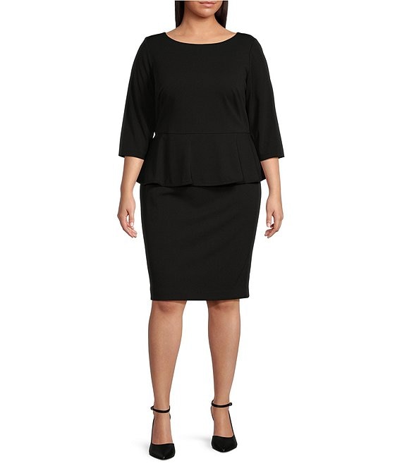 Calvin Klein Plus Size 3/4 Sleeve Crew Neck Peplum Sheath Dress | Dillard's