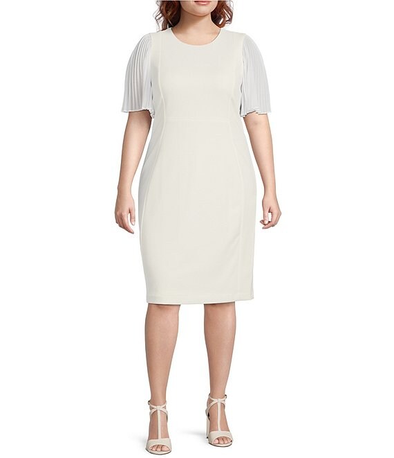 Calvin Klein Plus Size Chiffon Jewel Neck Pleated Short Sleeve Scuba Crepe Pencil Dress