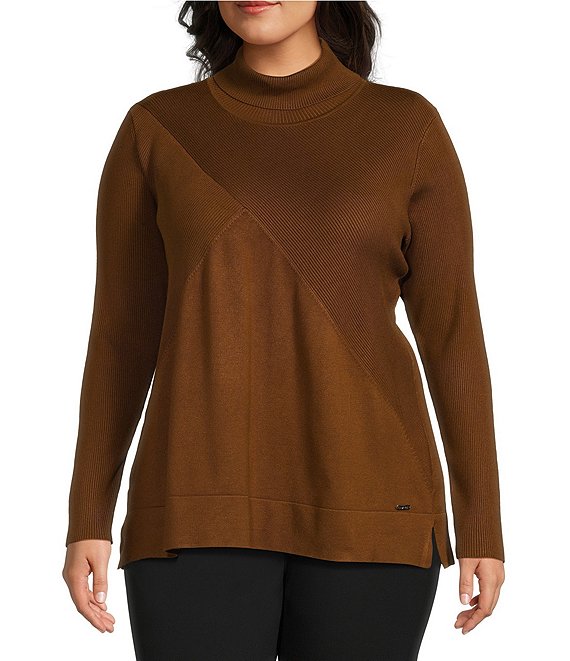 Color:Tobacco - Image 1 - Plus Size Crisscross Detail Turtleneck Sweater