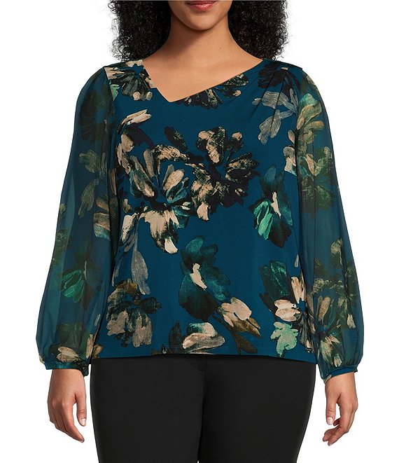 Calvin Klein Plus 2X 2024 Blue/Black Floral Print Lined Long Sheer Billow Sleeve Top