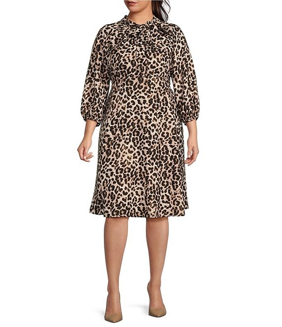 Calvin Klein Plus Size Leopard Print 3/4 Sleeve Tie Mock Neck Crepe ...
