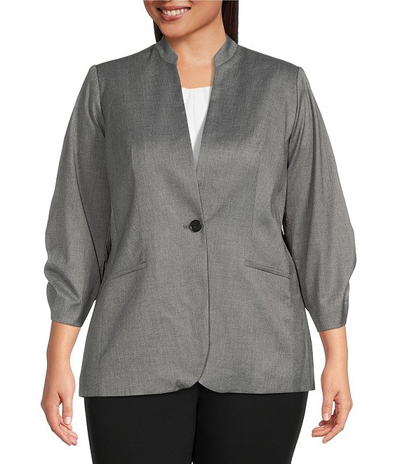 Color:Tin Multi - Image 1 - Plus Size Lux Stretch Stand Collar 3/4 Scrunch Sleeve Button Front Jacket