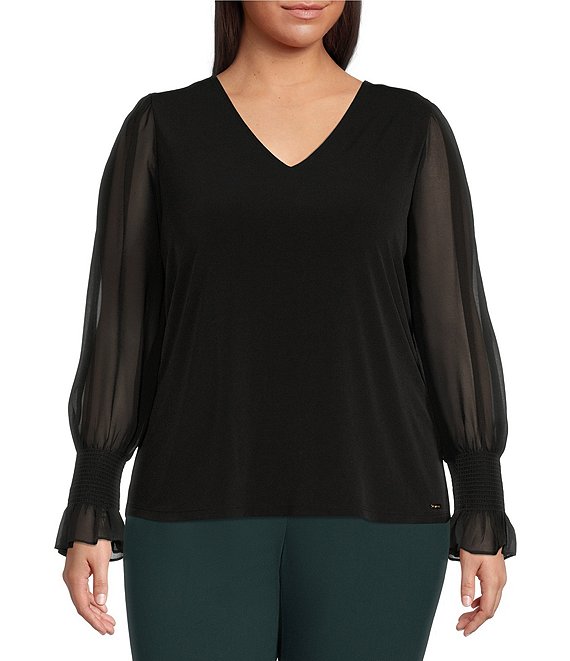 Color:Black - Image 1 - Plus Size Matte Jersey V-Neck Long Smocked Cuff Sleeve Blouse