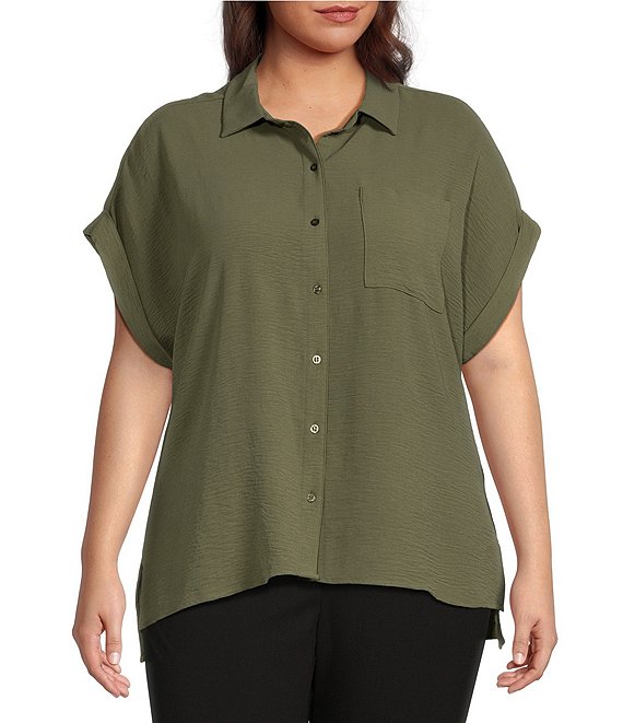 Color:Caper - Image 1 - Plus Size Puckered Woven Short Cuffed Sleeve Button Front Point Collar High-Low Top