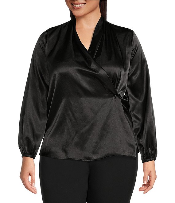 Color:Black - Image 1 - Plus Size Satin Surplice V-Neck Long Blouson Sleeve Cross Blouse