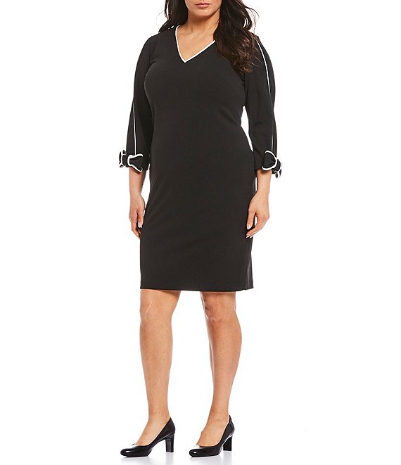 Calvin Klein Plus Size V-Neck 3/4 Sleeve Scuba Crepe Piping Trim Sheath  Dress | Dillard's
