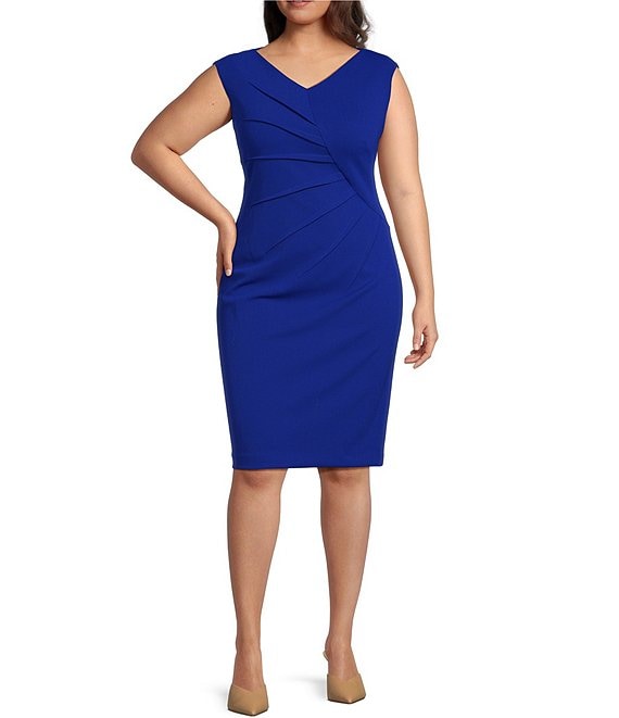 Calvin Klein Plus Size Sleeveless V-Neck Front Pleat Scuba Crepe Dress ...