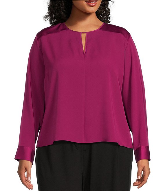 Calvin Klein Plus Size Solid Shiny Crepe Crew Neck Long Sleeve Front ...