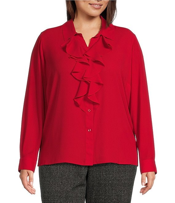 Calvin Klein Plus Size Woven Collared Long Sleeve Ruffled Button Front Blouse