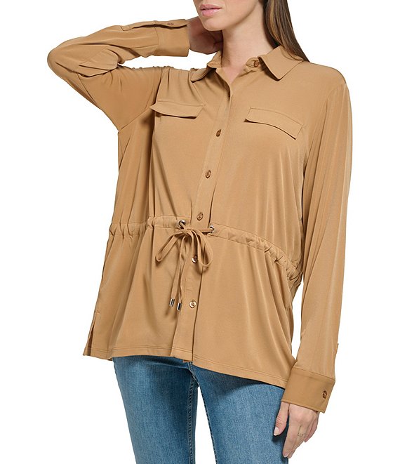Color:Luggage - Image 1 - Point Collar Neck Long Sleeve Cinch Waist Flap Pocket Button Front Blouse