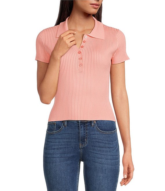 Calvin Klein Point Collar Short Sleeve Polo Top | Dillard's