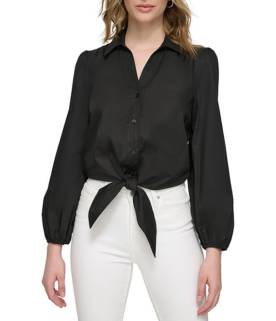 Calvin Klein Poplin Point Collar Long Sleeve Button Front Tie Waist Top ...