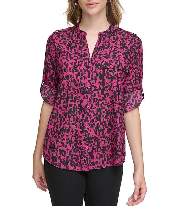 Calvin Klein Print Crepe de Chine Knit Split V-Neck Long Roll-Tab Sleeve  Shirt | Dillard's