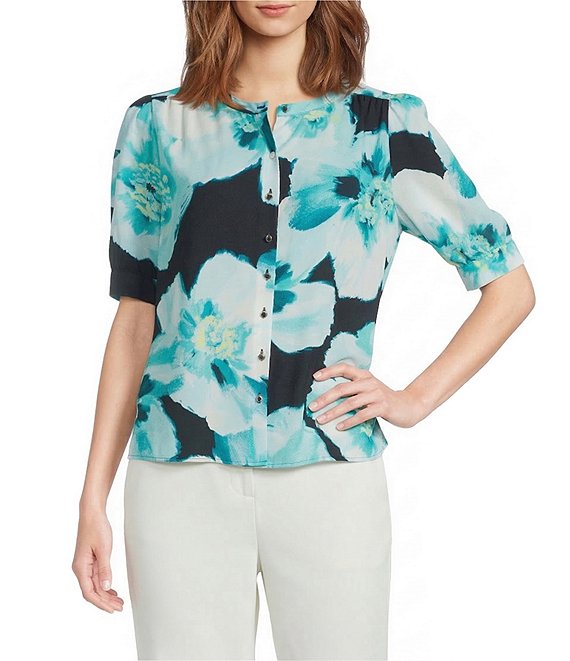 Calvin Klein Printed Georgette Crew Neck Short Sleeve Button Front Blouse