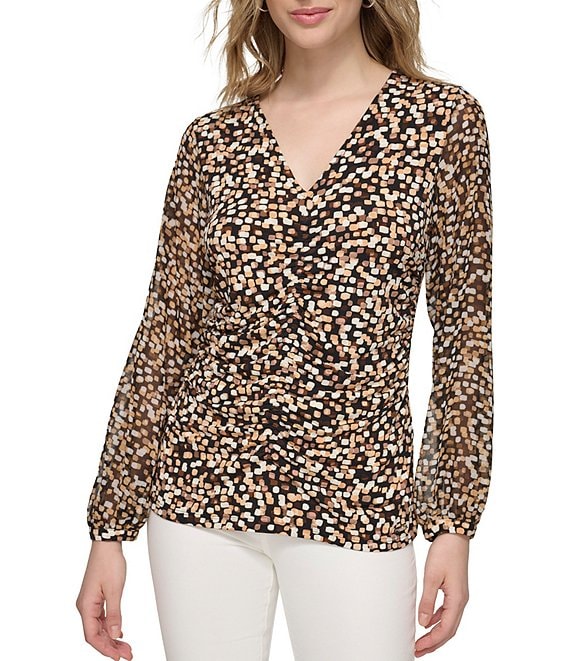 Calvin Klein Printed Ruched Matte Jersey V-Neck Long Sleeve Top | Dillard\'s