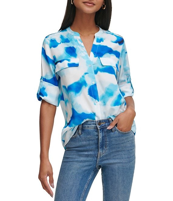 Calvin Klein Printed V-Neck Roll Tab Sleeve Blouse | Dillard's