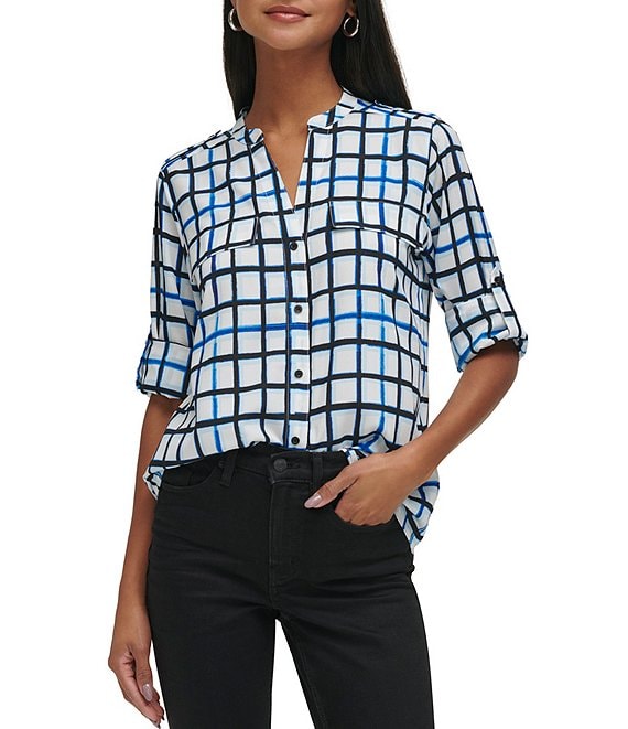 Calvin Klein Printed V-Neck Roll Tab Sleeve Button Front Blouse | Dillard's