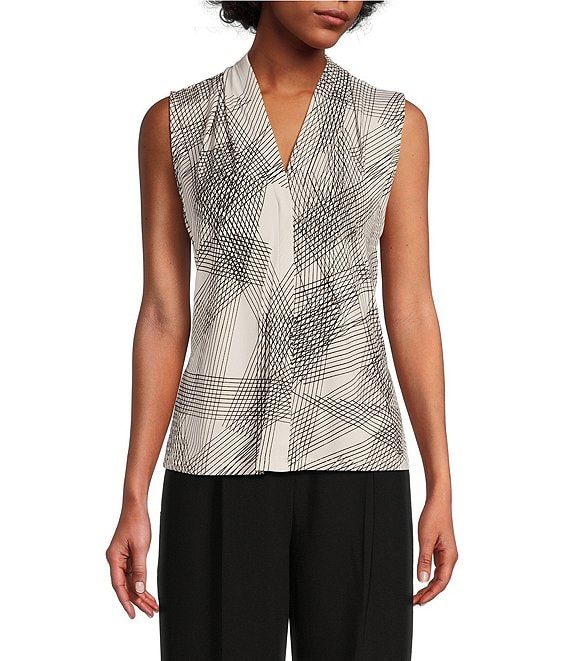 Calvin Klein Abstract Line Print V-Neck Sleeveless Matte Jersey Knit  Camisole