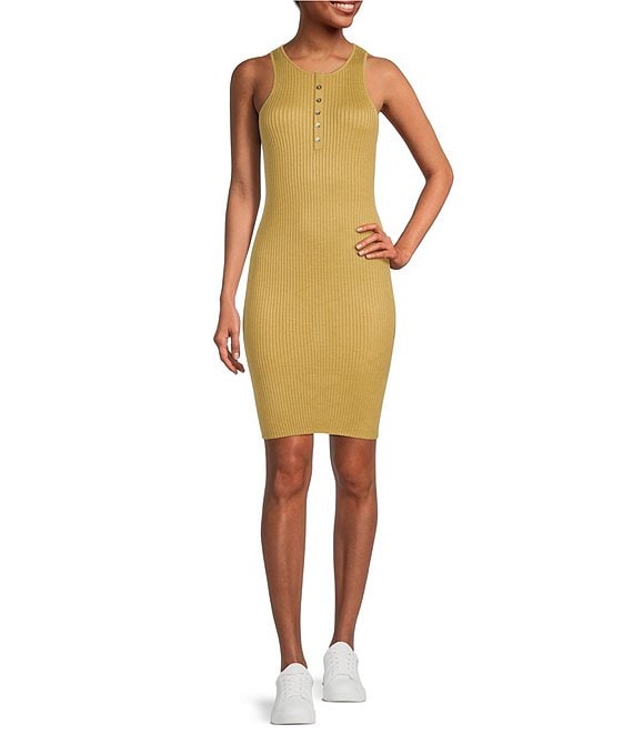 Calvin Klein Ribbed Henley Jewel Neck Sleeveless Button Front Bodycon  Sheath Tank Dress | Dillard's