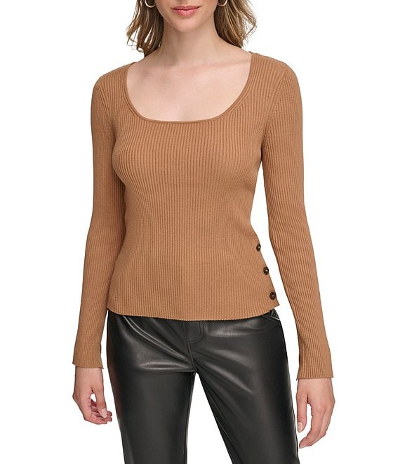 Calvin Klein Ribbed Knit Side Button Scoop Neck Long Sleeve Top