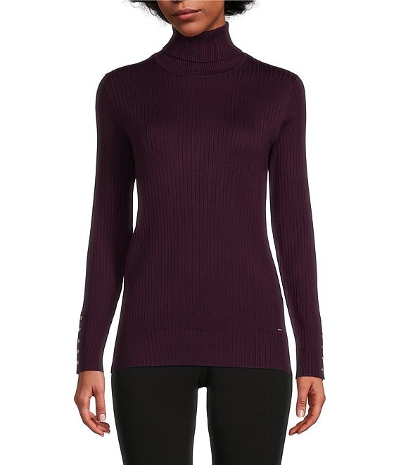 Color:Aubergine Purple - Image 1 - Ribbed Knit Turtleneck Long Button Cuff Sleeve Top