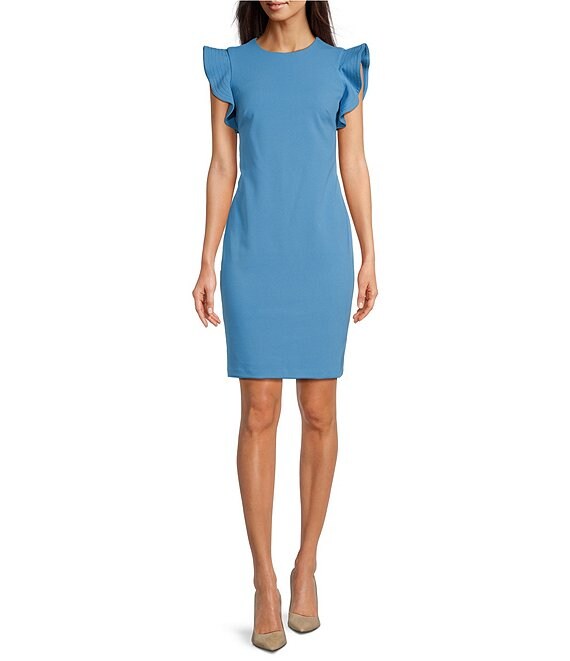 Calvin Klein Ruffled Short Sleeve Crew Neck Scuba Crepe Sheath Dress Dillard s