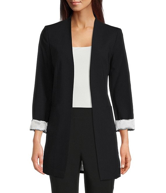 Color:Navy - Image 1 - Contrast Lining Long Roll-Tab Sleeve Open Front Jacket