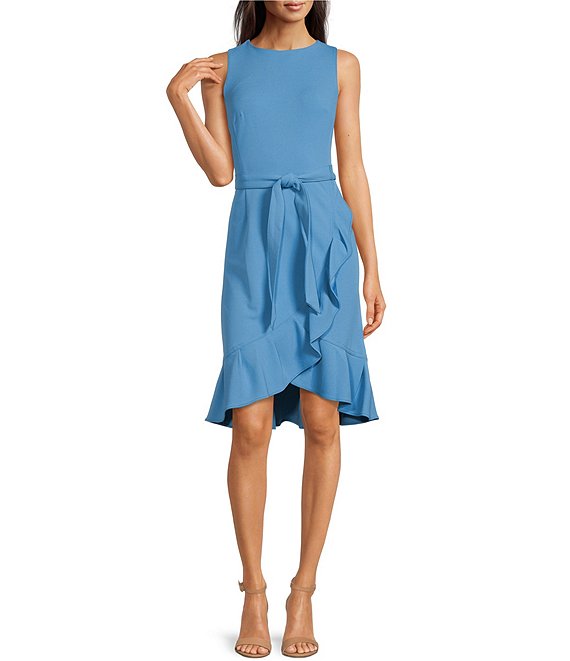 Calvin Klein Scuba Crepe Round Neck Sleeveless Ruffle Tulip Hem Tie Waist  Faux Wrap Dress | Dillard's