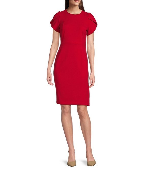 Calvin Klein Scuba Crepe Short Petal Sleeve Crew Neck Sheath Dress 10