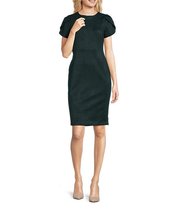 Calvin Klein Scuba Suede Petal Short Sleeve Crew Neck Sheath Dress ...