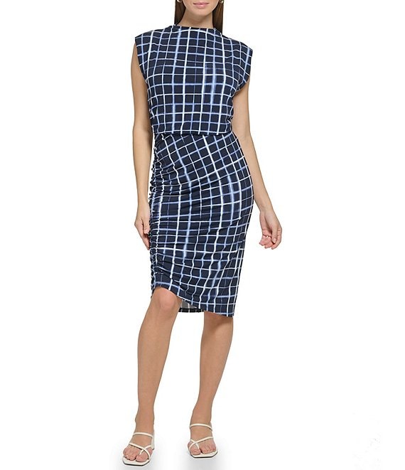 Calvin Klein Windowpane Print Sheath Ruched Dress | Dillard's