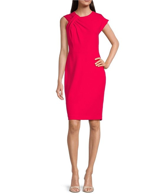 Calvin Klein Short Sleeve Asymmetrical Neck Scuba Crepe Sheath Dress ...