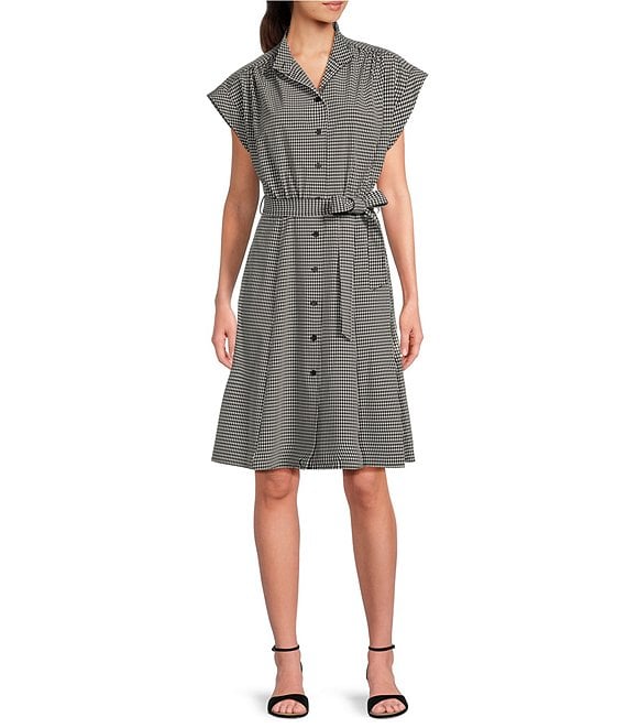 Calvin Klein Short Sleeve Collared Neck Tie Waist Gingham Dress | Dillard's