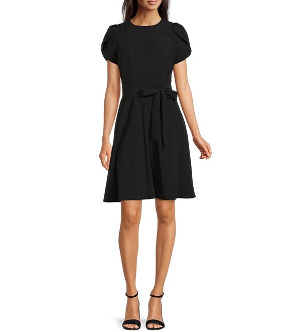 Calvin Klein Short Tulip Sleeve Crew Neck Tie Waist Fit and Flare Dress |  Dillard's