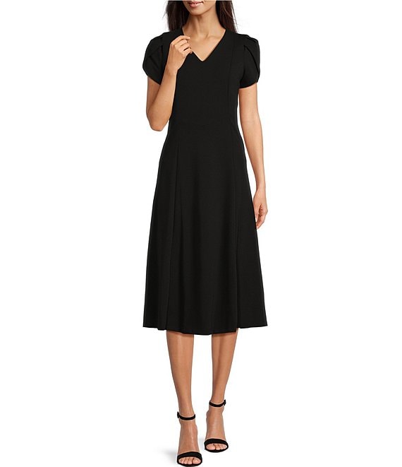 Color:Black - Image 1 - Scuba Crepe Short Tulip Sleeve V-Neck A-Line Midi Dress